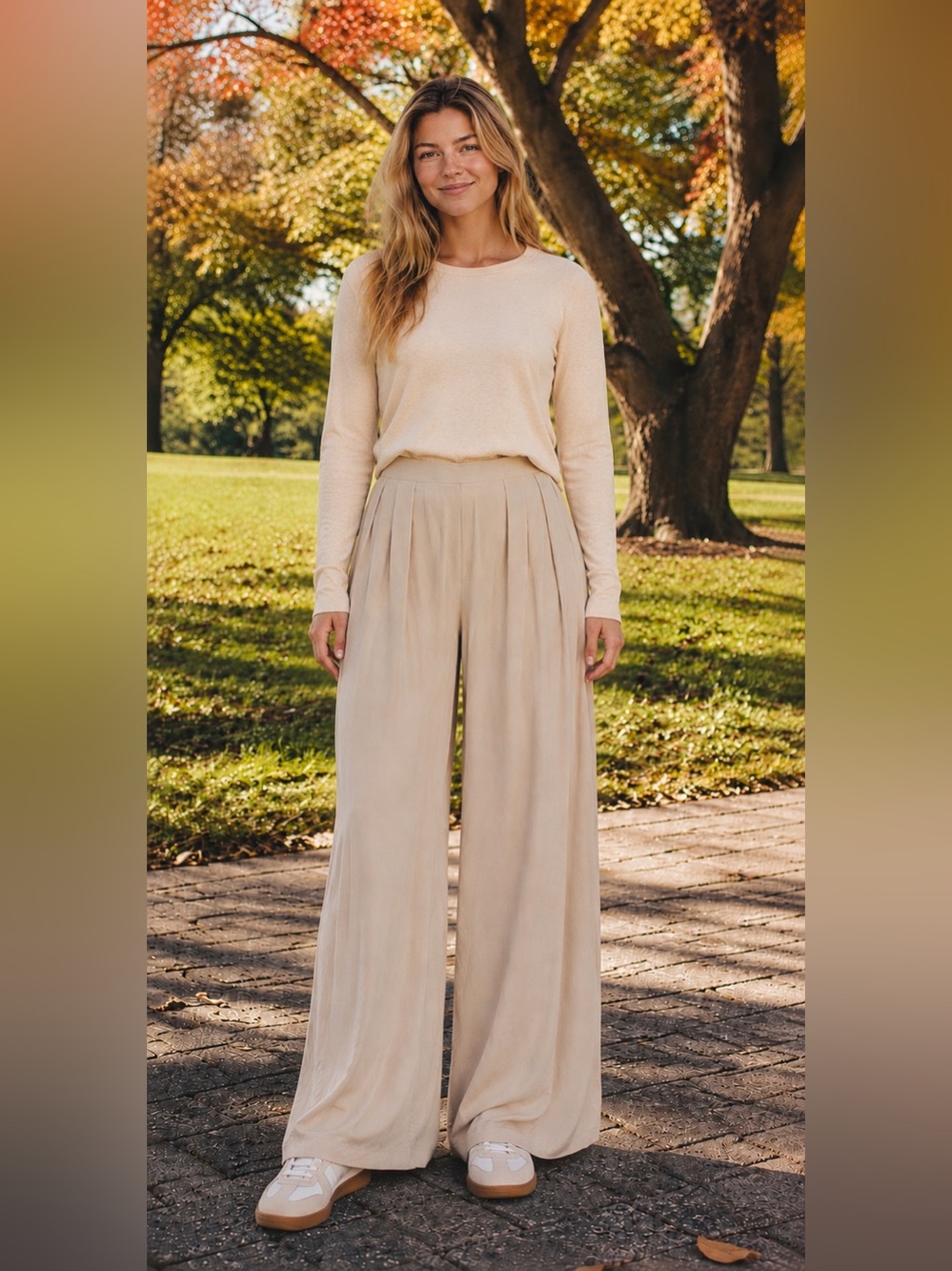 Women’s Light Brown Self-Double Layer Wide Leg Pants Small